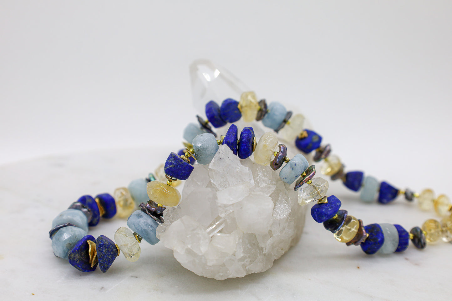 Edelsteinkette mit Lapislazuli, Perle, Aquamarin und Zitrin