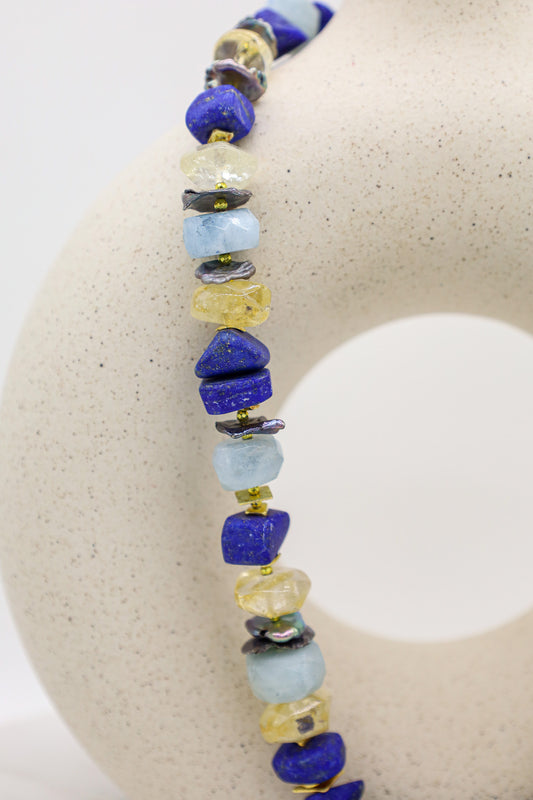 Edelsteinkette mit Lapislazuli, Perle, Aquamarin und Zitrin
